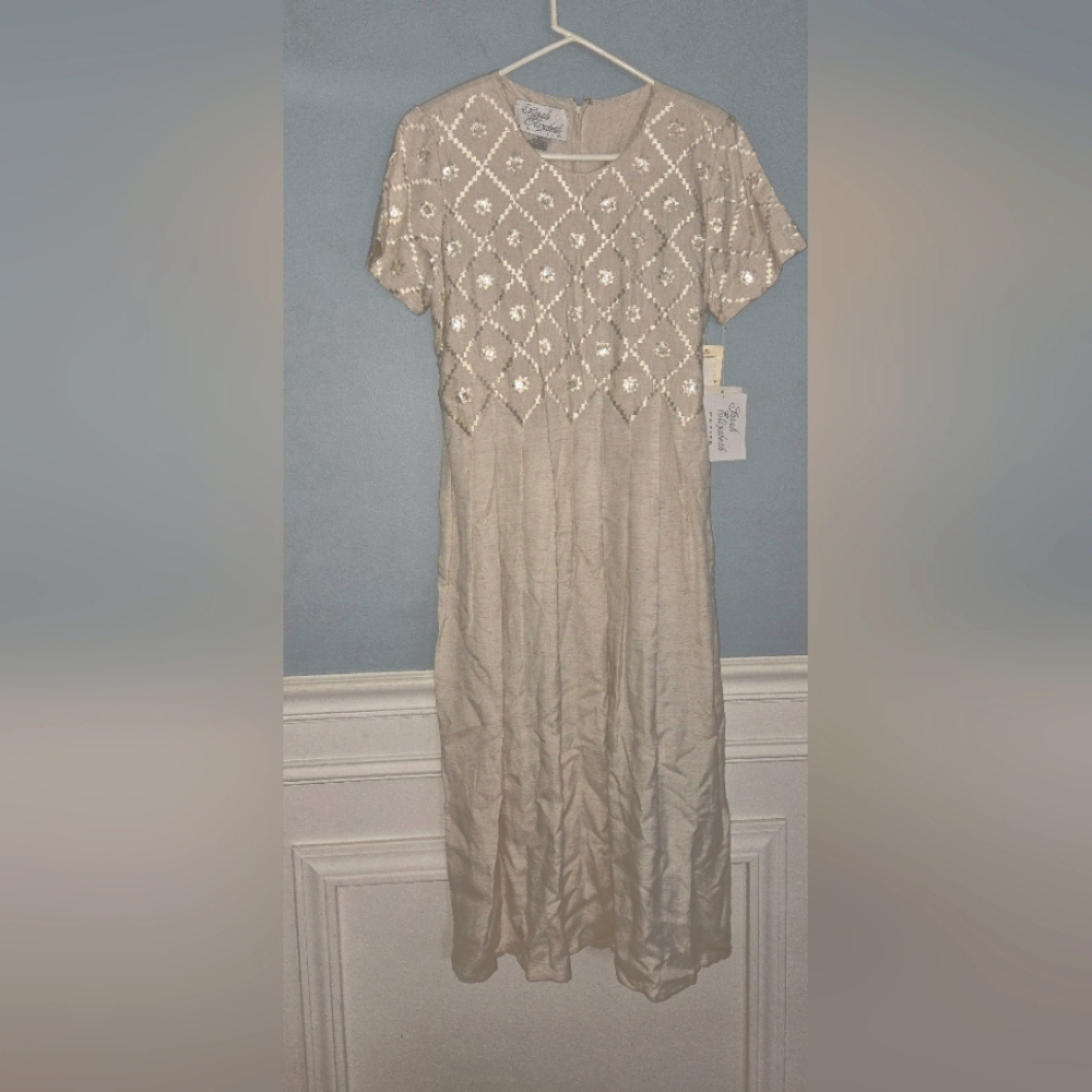 NWT Vintage Sarah Elizabeth Linen Ivory Beige Button Short Sleeve Dress Cottage